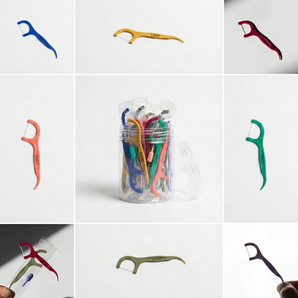 Assorted Color Dental Floss Picks in Transparent Storage Jar
