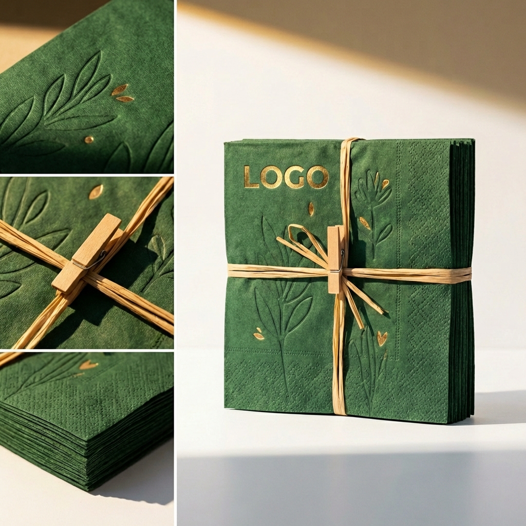 Textured Forest Green Beverage Napkins with Gold Foil Accents