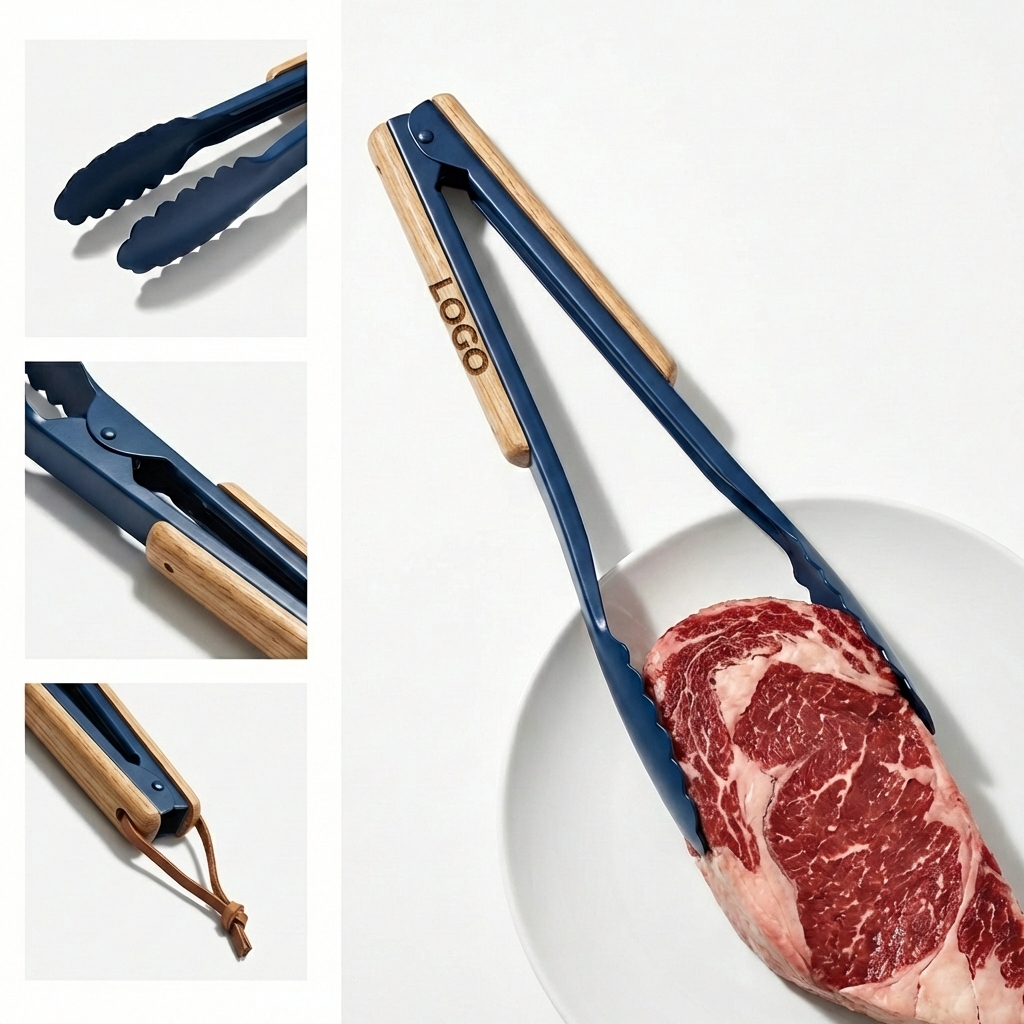 Professional Long-Handle BBQ Tongs with Blue Coated Steel & Insulated Wooden Grip