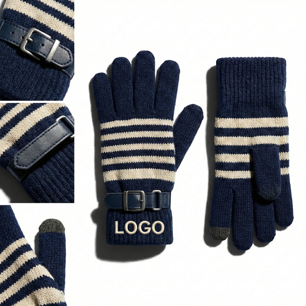 Striped Knit Touchscreen Gloves with Decorative Wrist Strap