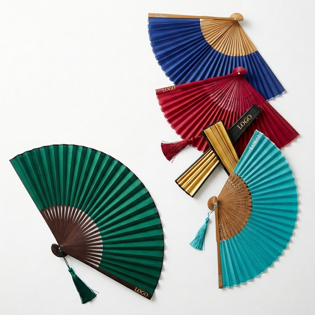Handheld Folding Fabric Fan with Natural Bamboo Frame and Decorative Tassel