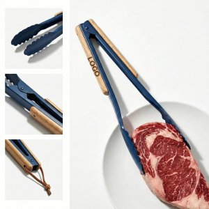 Professional Long-Handle BBQ Tongs with Blue Coated Steel & Insulated Wooden Grip