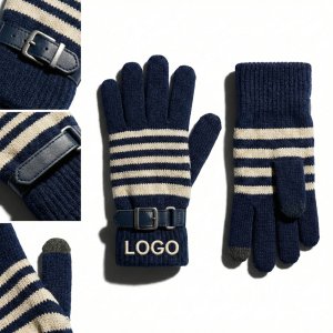 Striped Knit Touchscreen Gloves with Decorative Wrist Strap