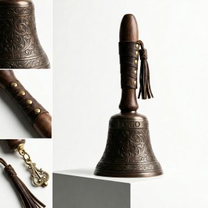 Ornate Engraved Hand Bell with Contoured Timber Grip and Leather Accents